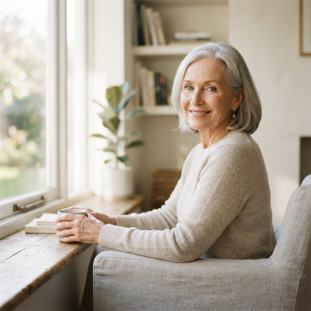 A calm, clear-eyed older adult resting by a bright window