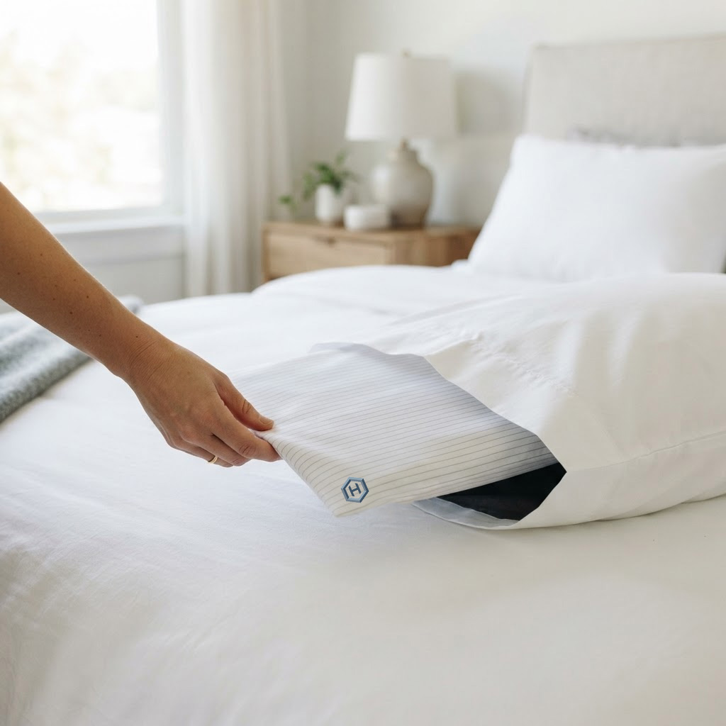 A hand sliding the white pinstriped HexTex Halo panel into a crisp white pillowcase on a neatly made bed