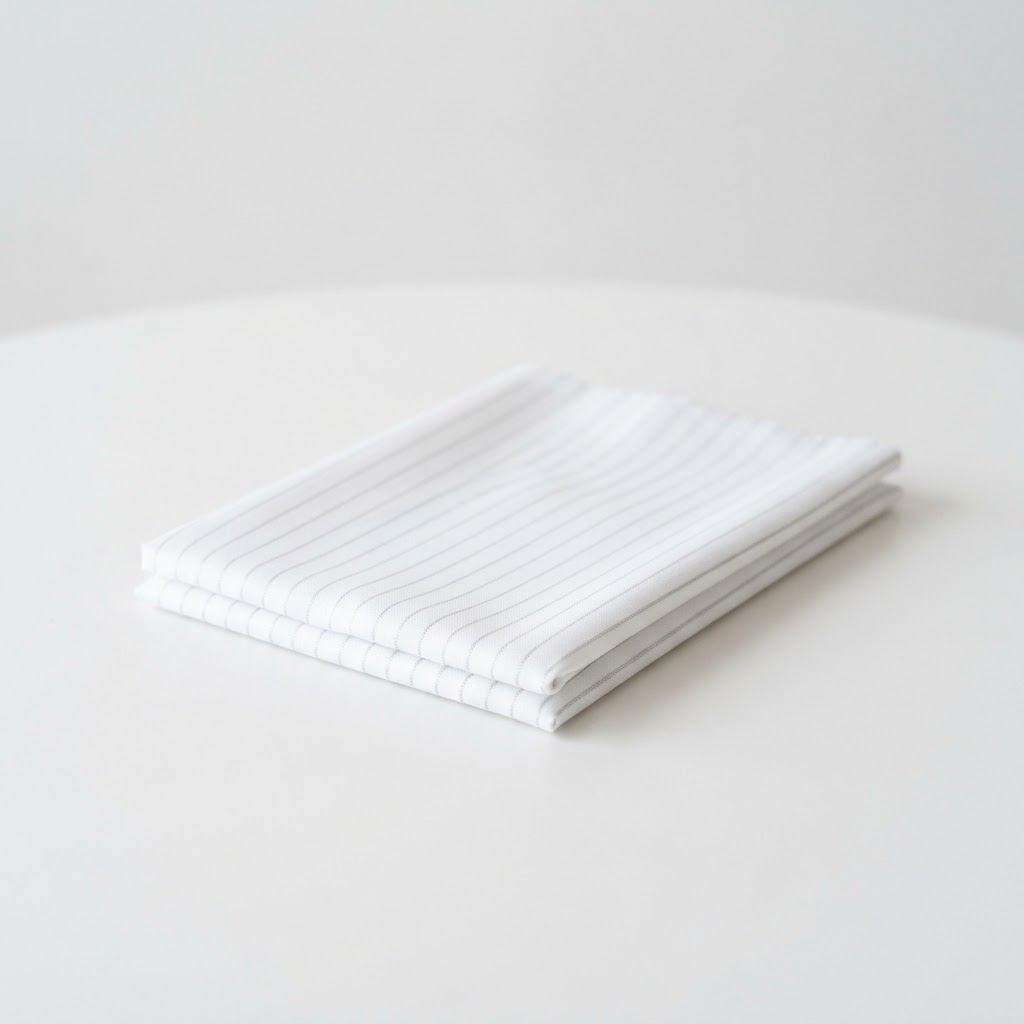 A neatly folded thin white HexTex fabric with fine silver pinstripes on a white surface